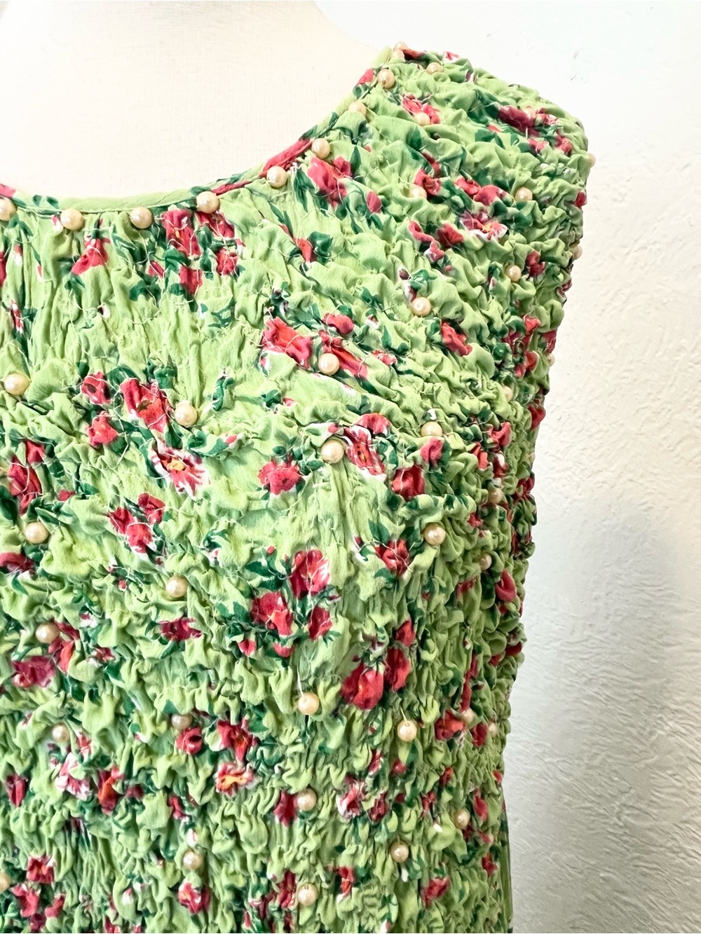 Vintage 90s Y2K Dress Green Pink Floral Beaded Smocked Cottagecore Boho Retro M - Picture 7 of 13
